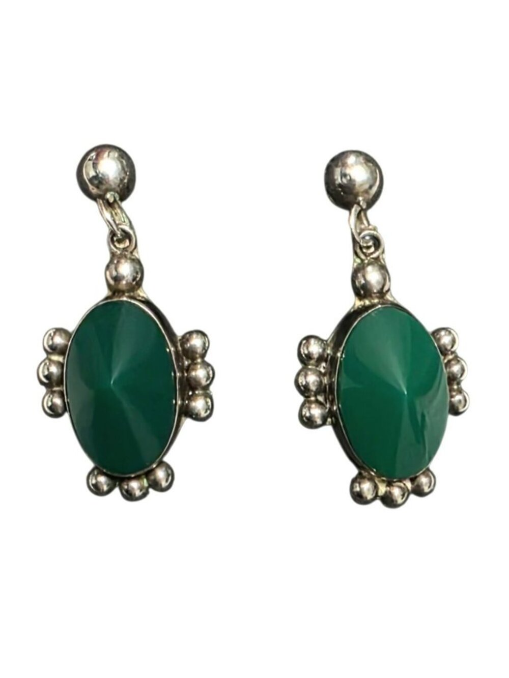 Vintage Sterling Silver Earrings Green Oval Beaded Screw Back Southwest Dangle